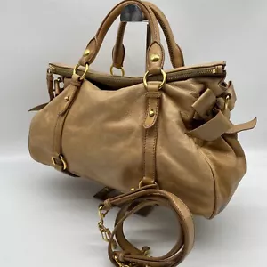Miu Miu 2way Handbag Shoulder Bag Beige Leather Side Ribbon Y2K 197 Authentic - Picture 1 of 24