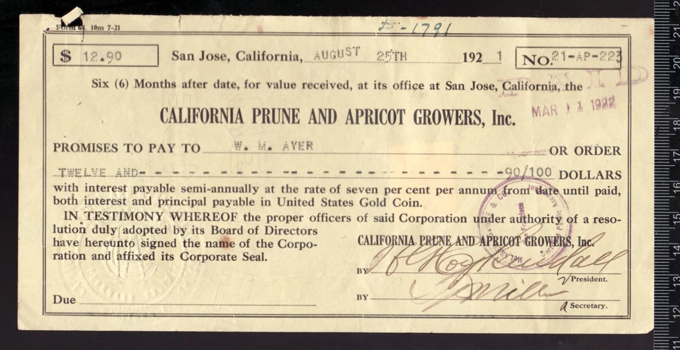 Ephemera : 1900 California Prune & Apricot Growers Inc. w/ US 2¢ Document Tax - Image 1 of 2