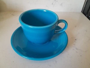 Vintage 2 Piece Fiesta Ware Peacock Blue Homer Laughlin Fiestaware Cup & Saucer - Picture 1 of 3