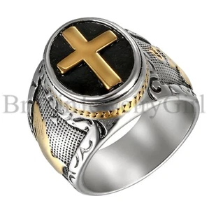 Stainless Steel Christian Holy Cross Prayer Ring for Men Wedding Band Size 8-14 - Picture 1 of 9