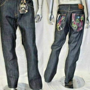 Pantalones de mezclilla para hombre Artful Dodger azul crudo bordados nuevos con etiquetas - Imagen 1 de 5