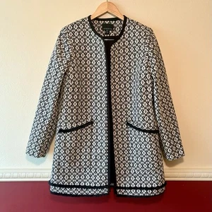 Cynthia Rowley Women’s L Car Coat Black White Patterned Long Sleeve Open Jacket - Picture 1 of 10