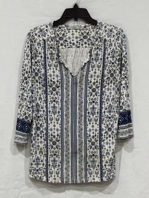 Dalia Womens White & Blue Top Size Large V-Neck Sleeve Lightweight Blouse - Image 1 of 4
