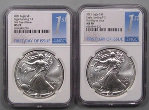 2 Consecutive Serial Number 2021 T-2 Silver American Eagle $1. NGC MS70 FDOI. - Picture 1 of 8