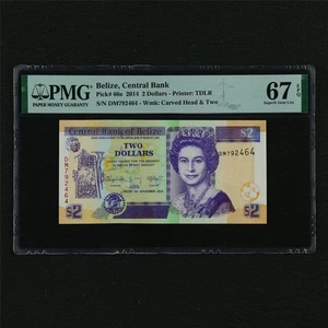 2014 Belize Central Bank 2 Dollars Pick#66e PMG 67 EPQ Superb Gem UNC 01 - Picture 1 of 4