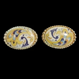 Vintage Italian Hand-Painted Porcelain Cufflinks Gold Tone Oval 30mm Mod Design - Picture 1 of 5