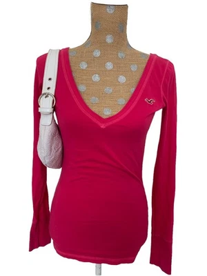 Hollister Y2K Top Womens Small Pink V-Neck Pullover Cotton Preppy Fitted Small - Image 1 of 4