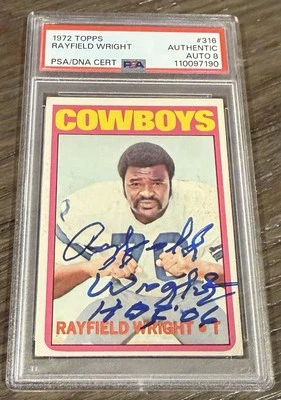 Rayfield Wright HOF 06 Cowboys 1972 Topps #316 RC Rookie Card Signed PSA 8 Auto - Image 1 of 2