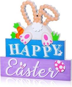 Happy Easter Bunny Table Sign Wooden Block multi color - Picture 1 of 6
