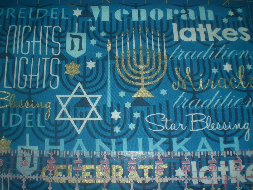 BTY Hanukkah Print on Blue Fabric - Image 1 of 1