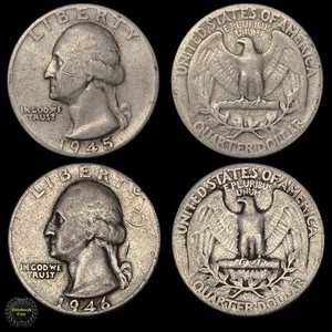 1945-P and 1946-P 25C Washington Quarters 90% Silver Early Dates VG Examples - Picture 1 of 3