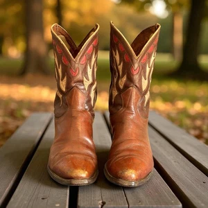 Vintage Brown Leather Cowboy Boots Men’s Western Style Flame Stitching USA - Picture 1 of 13