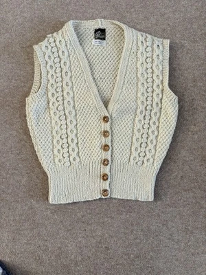 Aran Wool  Cable Knit Waistcoat Vintage with wooden buttons size 10/12 (33”) - Image 1 of 3