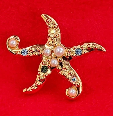 复古雅芳金色人造珍珠和水钻海星胸针 — 第 1/3 张图片
