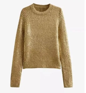 Gold Metallic Effect Art Ribbed Ladies Classic Chic Dressy Ladies Jumper 14 - Picture 1 of 13