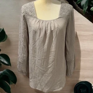 Soft Surroundings Light Tan Gauze Sleeve Embroidered Peasant Blouse Women’s M - Picture 1 of 12