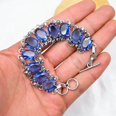 925 Sterling Silver Blue Tanzanite Gemstone Handmade Jewelry Bracelet Size-8" - Image 1 of 4
