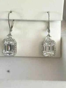 3.00Ct Emerald Cut Real Moissanite Drop Dangle Earrings 14K White Gold Plated - Picture 1 of 6