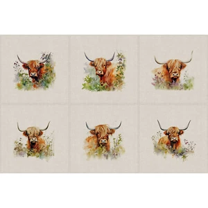 Cushion Panels - Highland Cows - Linen Look Cotton Rich - 6 x 45cm x 45cm - Picture 1 of 9