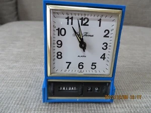 Vtg SETH THOMAS DATEMAKER ALARM CASE CLOCK BLUE CASE JAPAN WORKS - Picture 1 of 9
