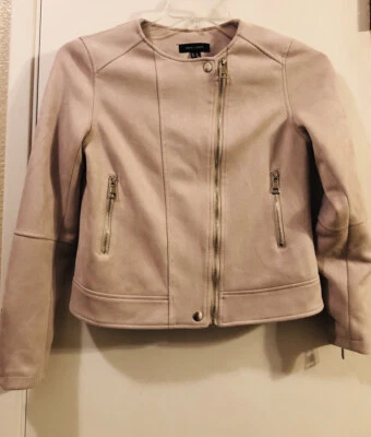 NEW LOOK Beige Moto Jacket Short Asymmetrical  Micro Fiber Full Zip Women's Sz 4 - Image 1 of 4