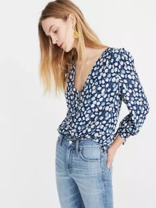 Madewell Womens Button Down Floral Shirt Size XS French Blue Tie Sleeve L1571 - Picture 1 of 7