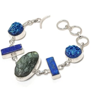 Brazalete enchapado en plata con piedras preciosas druzy labradorita cruda 7-8" - Imagen 1 de 1