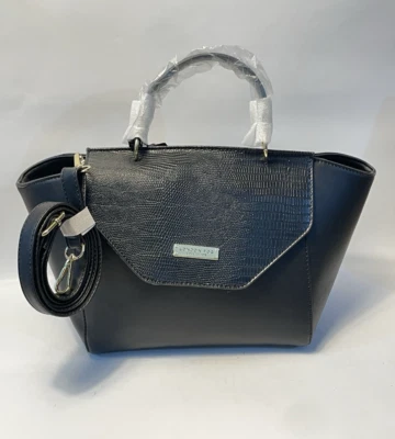 London Fog Black Faux Leather Handbag Shoulder Bag Faux Alligator Flap NEW - Image 1 of 4