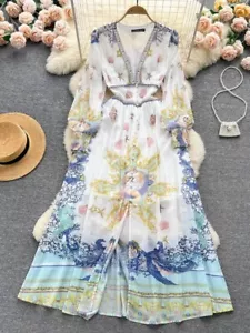 2023 Summer Holiday Flower Chiffon Dress Women's Butterfly Sleeve s-xxl - Picture 1 of 6