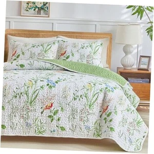 3 Pieces Quilt Set Full/Queen, Floral Green n White Design, Soft n Cozy - Picture 1 of 8