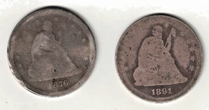 Lot of 2 SEATED LIBERTY Quarters AG 1876 1891 - Picture 1 of 2