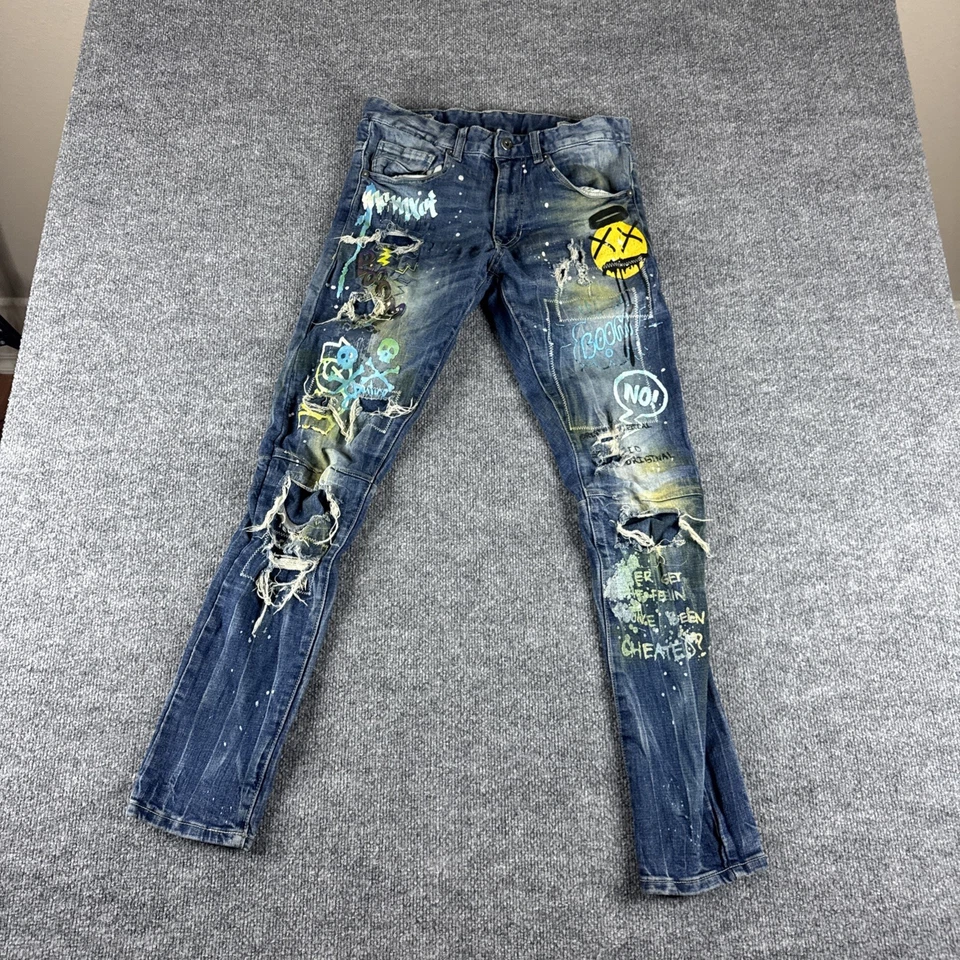Jeans Smoke Rise para hombre 30x32 azul pintura envejecida salpicaduras de mezclilla elástica Foto 1 de 4