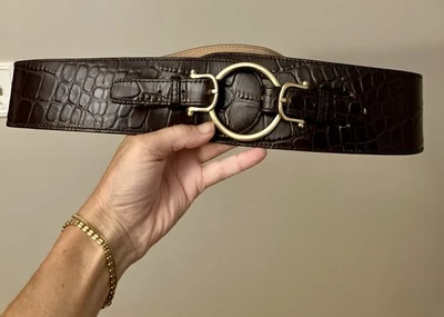 De Colección Ann Taylor Cinturón Ancho Cuero Marrón Repujado Cocodrilo Caimán Dorado Talla M Foto 1 de 4