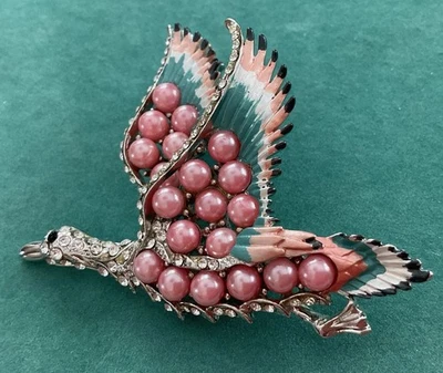 Broche Cisne Esmaltado Verde Azulado Años 80 De Colección Grande Imitación Rosa Perla Estrás Ojo En Capas Foto 1 de 4