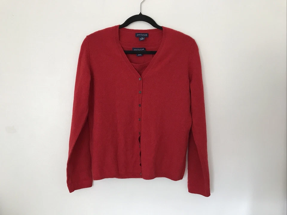 Vintage Ann Taylor Cashmere Red Sweater Set Size M Preppy Quiet Luxury Holiday - Imagem 1 de 4