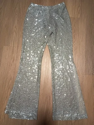 Pantalones de discoteca acampanados semi transparentes metálicos lentejuelas brillantes plateados de colección años 70 XS S Foto 1 de 4