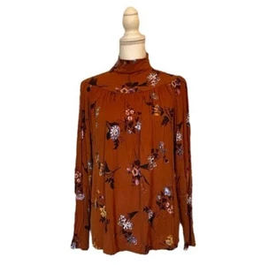 Ann Taylor Rust Floral Stretchy Turtleneck Puff Sleeve Women’s Small Blouse - Picture 1 of 12