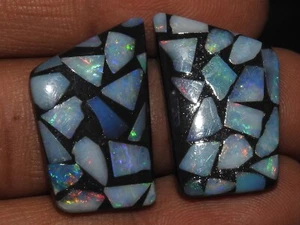 Australian Opal Doublet Smooth Multi Fire Cabochon Matched Pair/26X16X3MM Approx - Picture 1 of 7