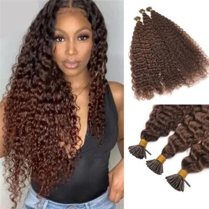 Microlink Pre Bonded Kinky Curly I Tip Human Hair Extension #4 Dark Brown 100pcs - Picture 1 of 12