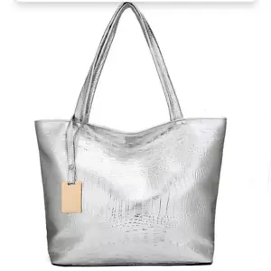 Large Faux Mock Croc Silver Gold Tote Shoulder Shopper Beach Travel Holiday Bag - Picture 1 of 22