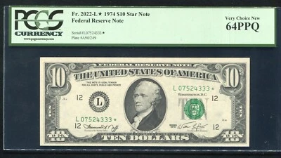 FR.2022-L* 1974 $10 *STAR* FEDERAL RESERVE NOTE SAN FRANCISCO, CA PCGS UNC-64PPQ - Image 1 of 2
