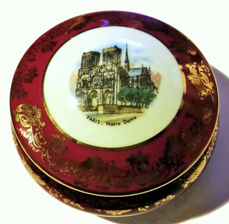 复古 Limoges Notre Dame 瓷陶瓷金红色盒 法国 1960 年 礼物 罕见 — 第 1/4 张图片