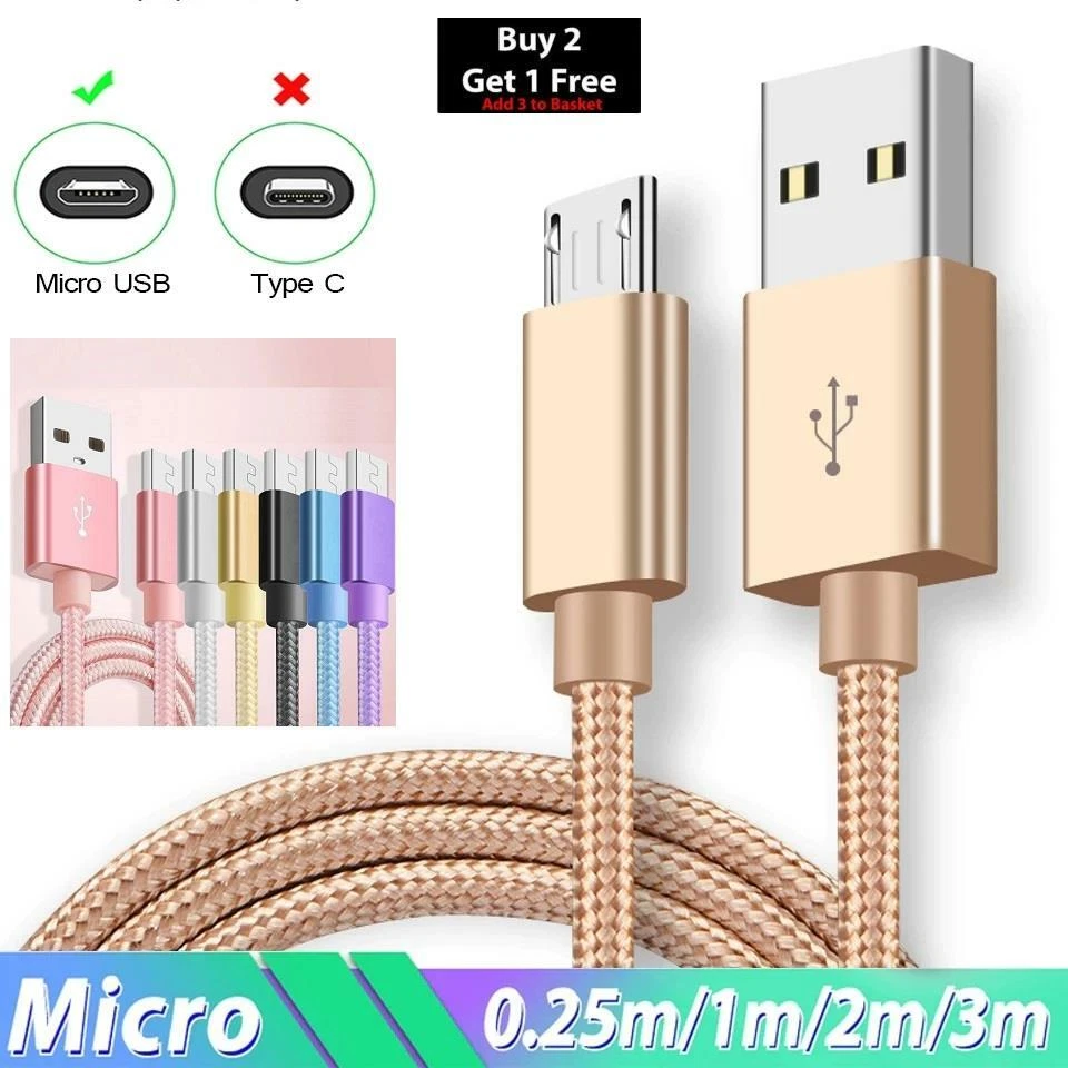 Cable cargador de sincronización de datos micro USB trenzado 2M 3M para teléfonos Samsung Android - Imagen 1 de 1