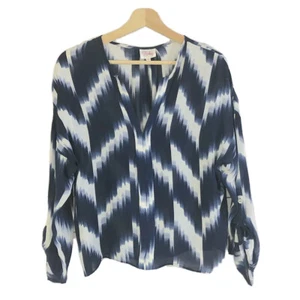 Parker Herringbone Print Silk Top Tie Long Sleeves Pullover Navy White Sz S - Picture 1 of 10