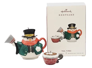 Snowman TEAPOT Hot Chocolate Cup Tea Time TWO Hallmark Keepsake Ornaments 2019 - Picture 1 of 18