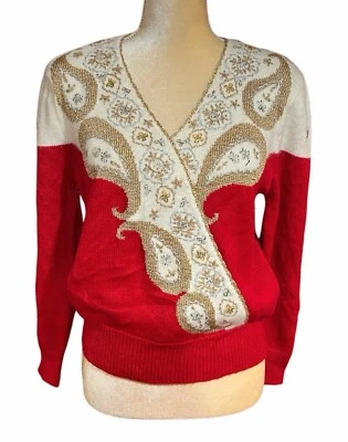 Suéter de Navidad Jaclyn Smith de Colección para Mujer M Rojo Dorado Adornado Fiesta Elegante Foto 1 de 4