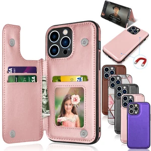 Funda tipo billetera abatible de cuero para iPhone 14 13 12 Pro Max con soporte para tarjetas - Imagen 1 de 73