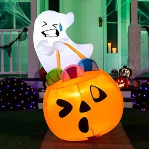 Joiedomi 5 FT Tall Halloween Inflatable Cute Ghost Inflatable Lift Pumpkin Candy - Picture 1 of 8
