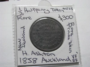 Ficha de medio centavo 1858 Nueva Zelanda H Ashton rara ficha comercial Haberdashery - Imagen 1 de 13
