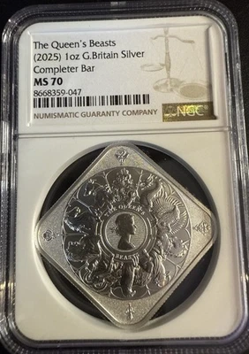 1 oz 2025 Queen’s Beasts Great Britain Silver COMPLETER Silver Bar NGC MS70 - Image 1 of 4